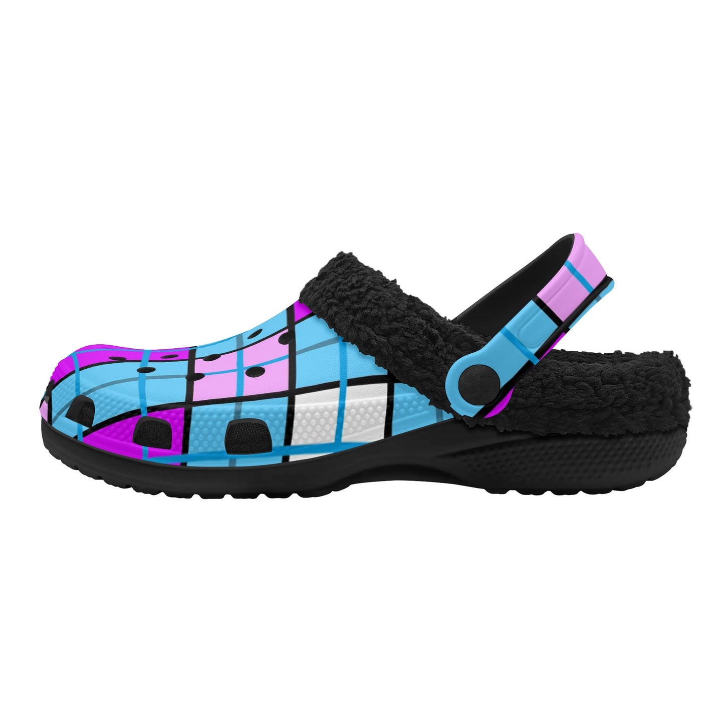 Adult Clogs with Black Fleece Lining – 'Clyde Sky Purple' Rhubarb' Tartan | Happy Tartan® - Happy Tartan