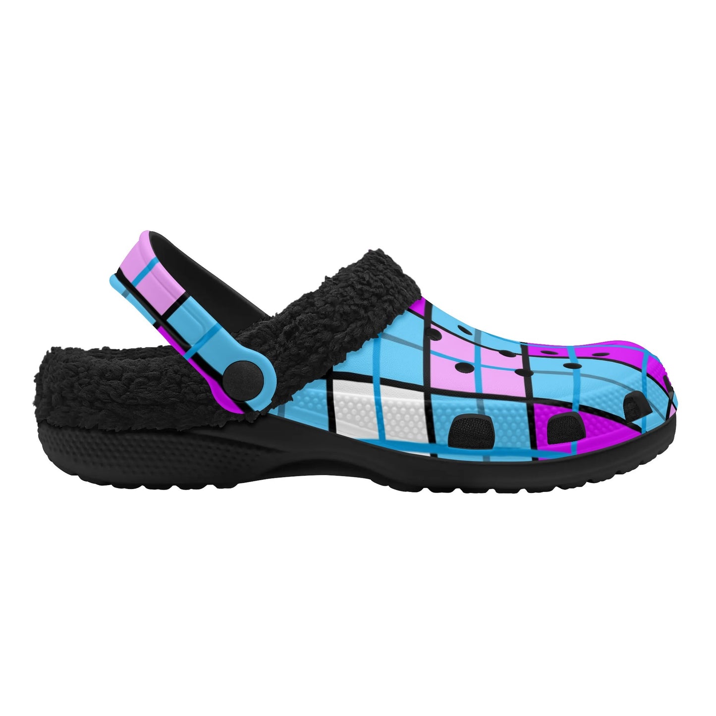Adult Clogs with Black Fleece Lining – 'Clyde Sky Purple' Rhubarb' Tartan | Happy Tartan® - Happy Tartan