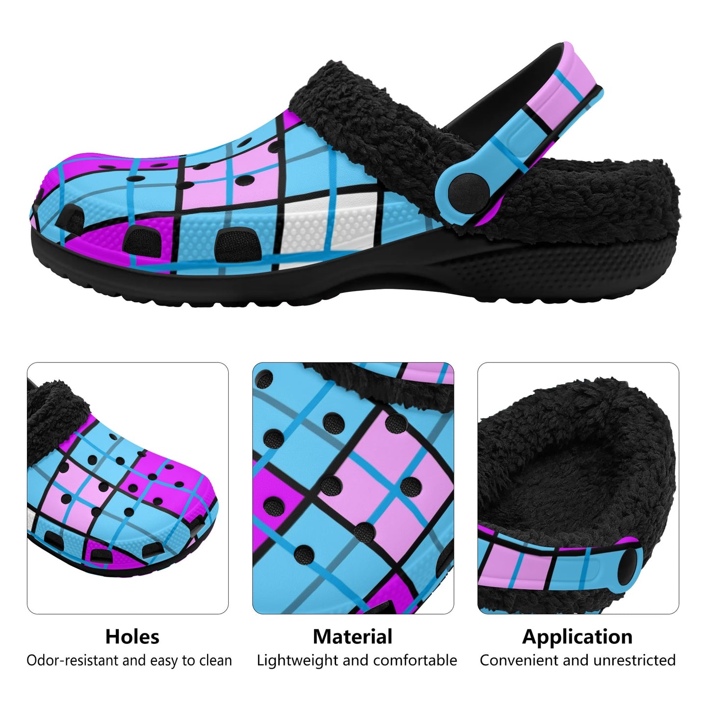 Adult Clogs with Black Fleece Lining – 'Clyde Sky Purple' Rhubarb' Tartan | Happy Tartan® - Happy Tartan