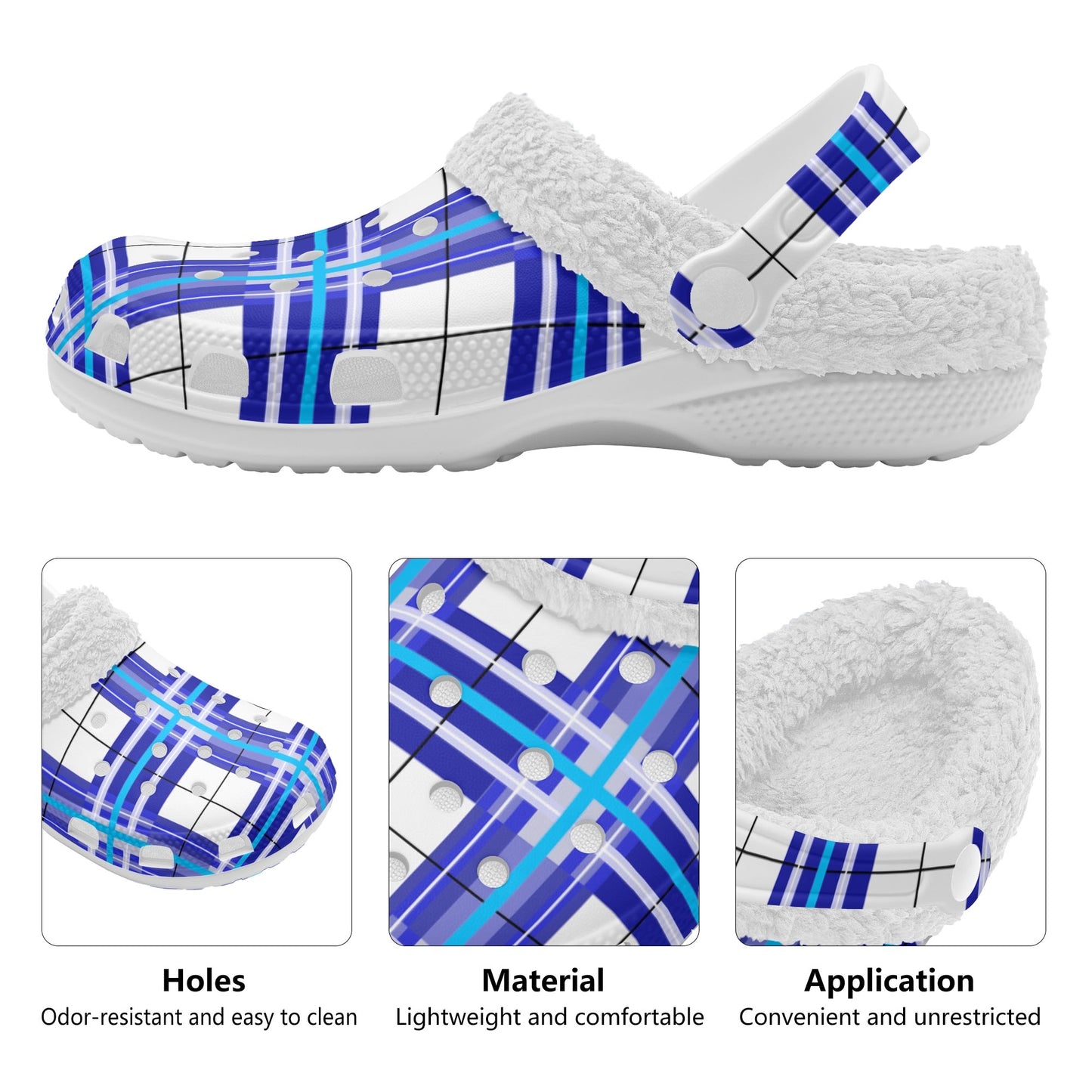 ✨'Cumbrae Sky' Happy Tartan® Adult Clogs With White Fleece Fur Lining✨ - Happy Tartan