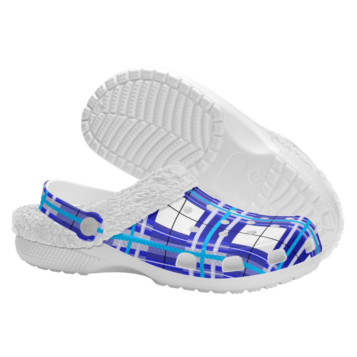 ✨'Cumbrae Sky' Happy Tartan® Adult Clogs With White Fleece Fur Lining✨ - Happy Tartan