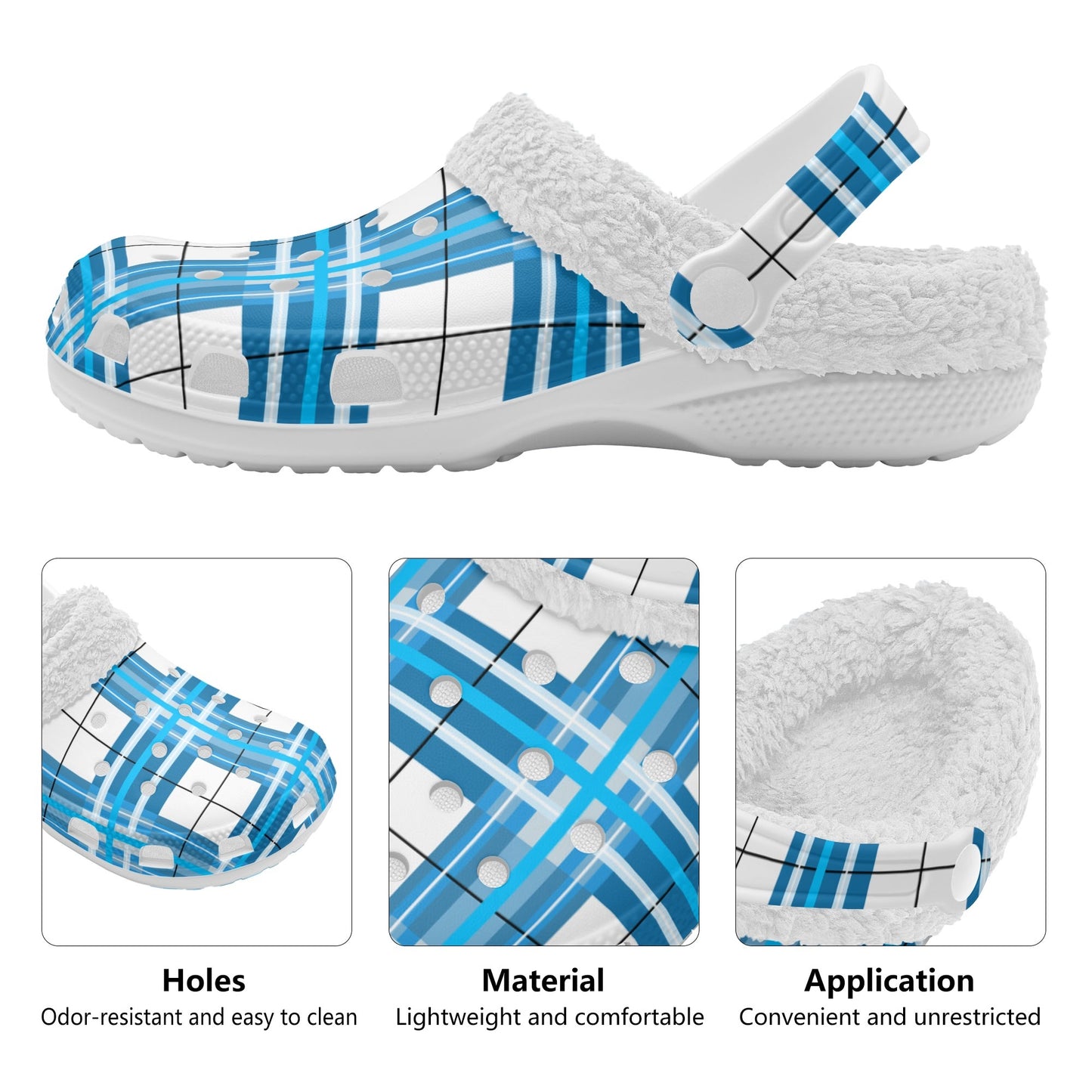✨'Jura Sky' Happy Tartan® Adult Clogs With White Fleece Fur Lining✨ - Happy Tartan