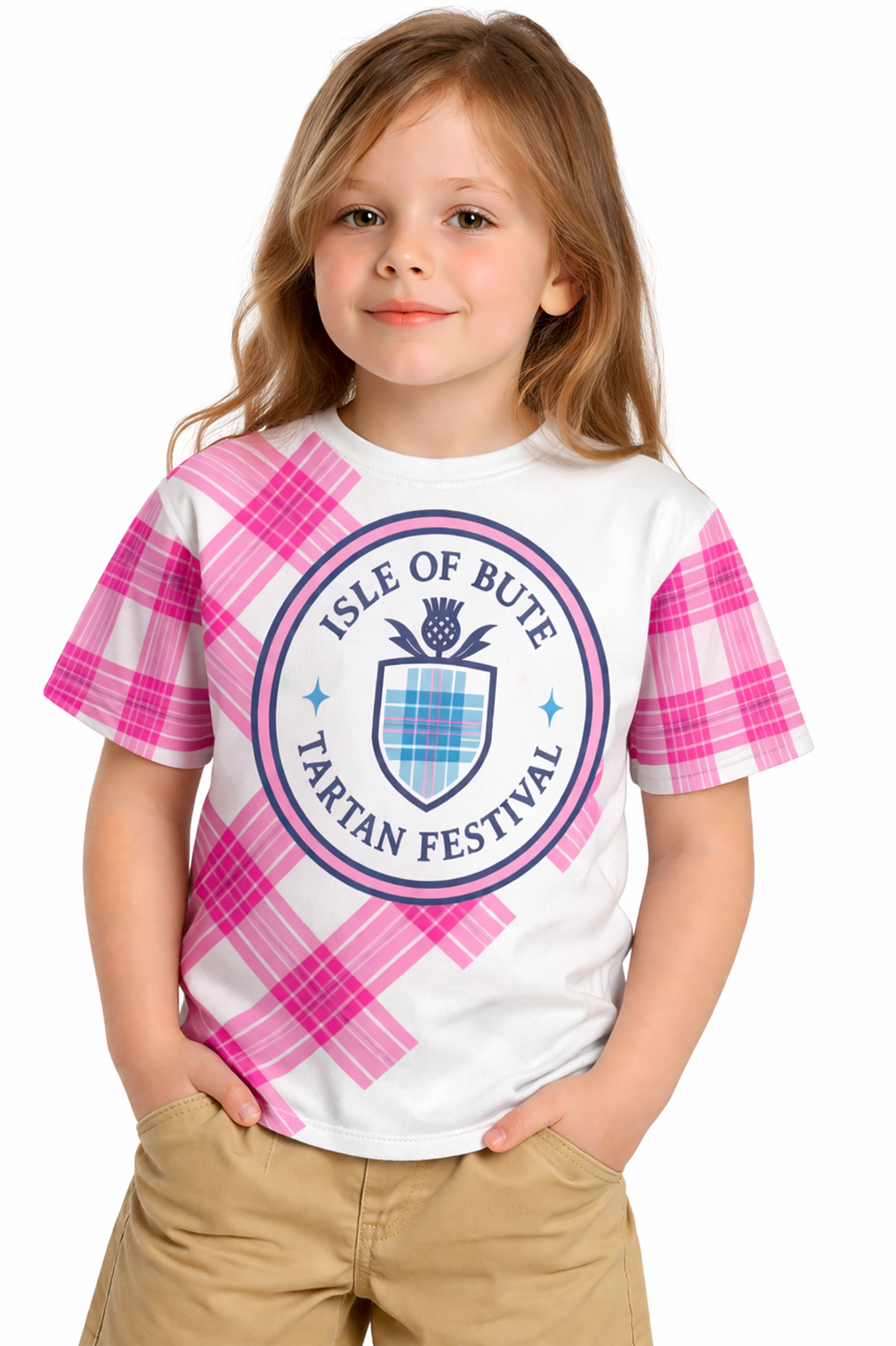 Isle of Bute Tartan Festival Pink Kids T - Free p&p