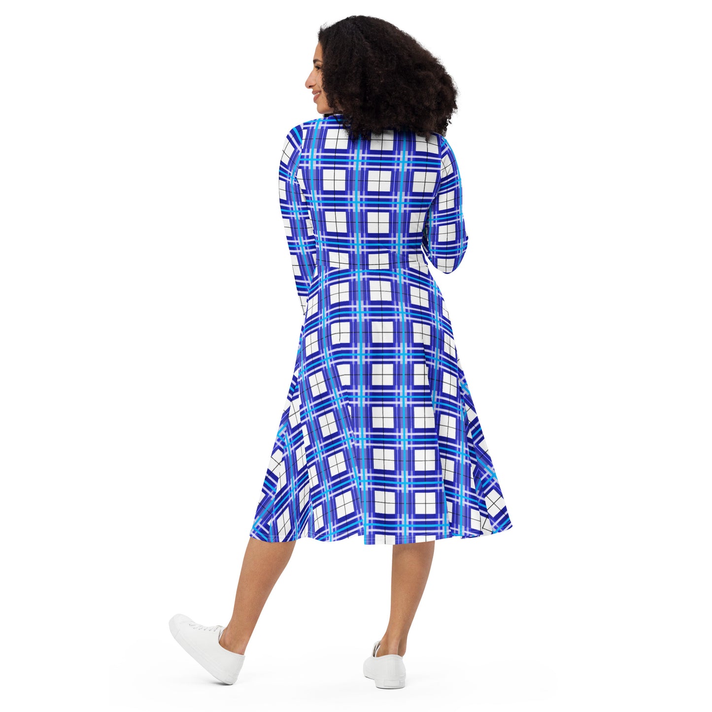Women’s Long Sleeve Tartan Midi Dress – Cumbrae Sky | Happy Tartan® - Happy Tartan
