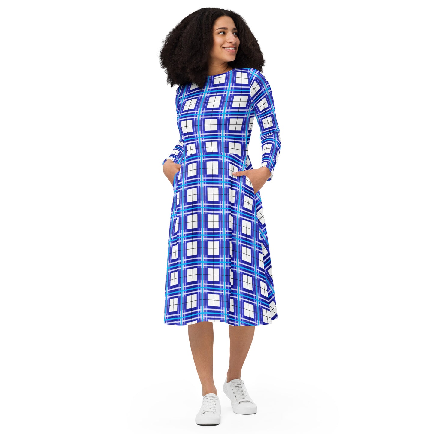 Women’s Long Sleeve Tartan Midi Dress – Cumbrae Sky | Happy Tartan® - Happy Tartan