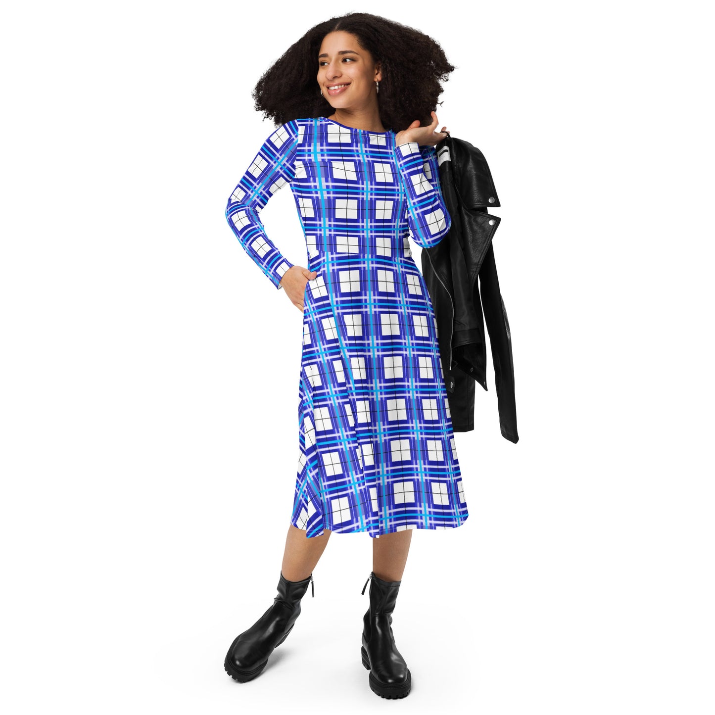 Women’s Long Sleeve Tartan Midi Dress – Cumbrae Sky | Happy Tartan® - Happy Tartan