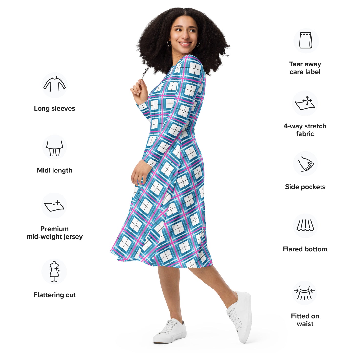 Women’s Long Sleeve Tartan Midi Dress – Bute Sky | Happy Tartan® - Happy Tartan