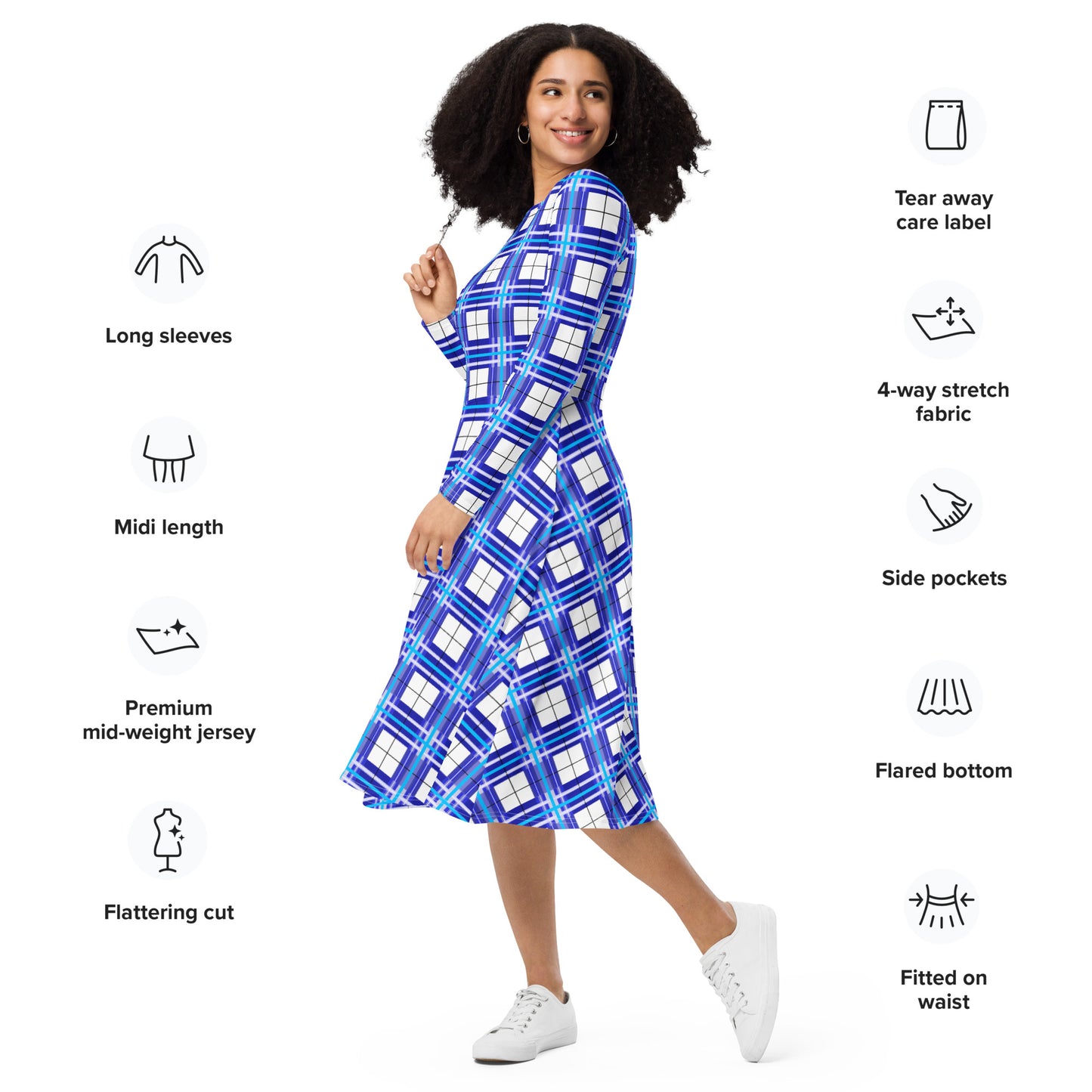 Women’s Long Sleeve Tartan Midi Dress – Cumbrae Sky | Happy Tartan® - Happy Tartan