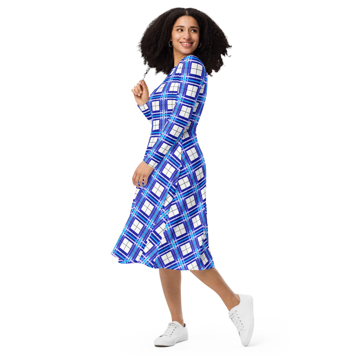 Women’s Long Sleeve Tartan Midi Dress – Cumbrae Sky | Happy Tartan® - Happy Tartan