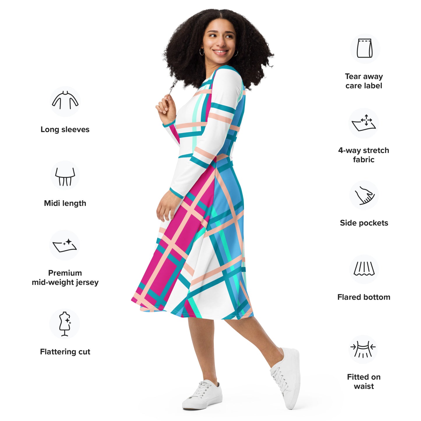 Women’s Long Sleeve Tartan Midi Dress – 'Ascog Bay, Bute' | Happy Tartan® - Happy Tartan