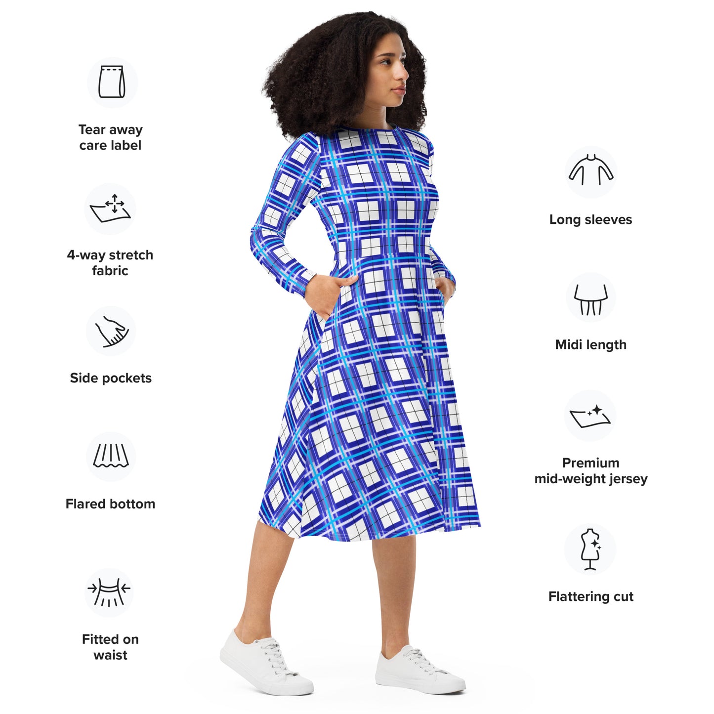 Women’s Long Sleeve Tartan Midi Dress – Cumbrae Sky | Happy Tartan® - Happy Tartan