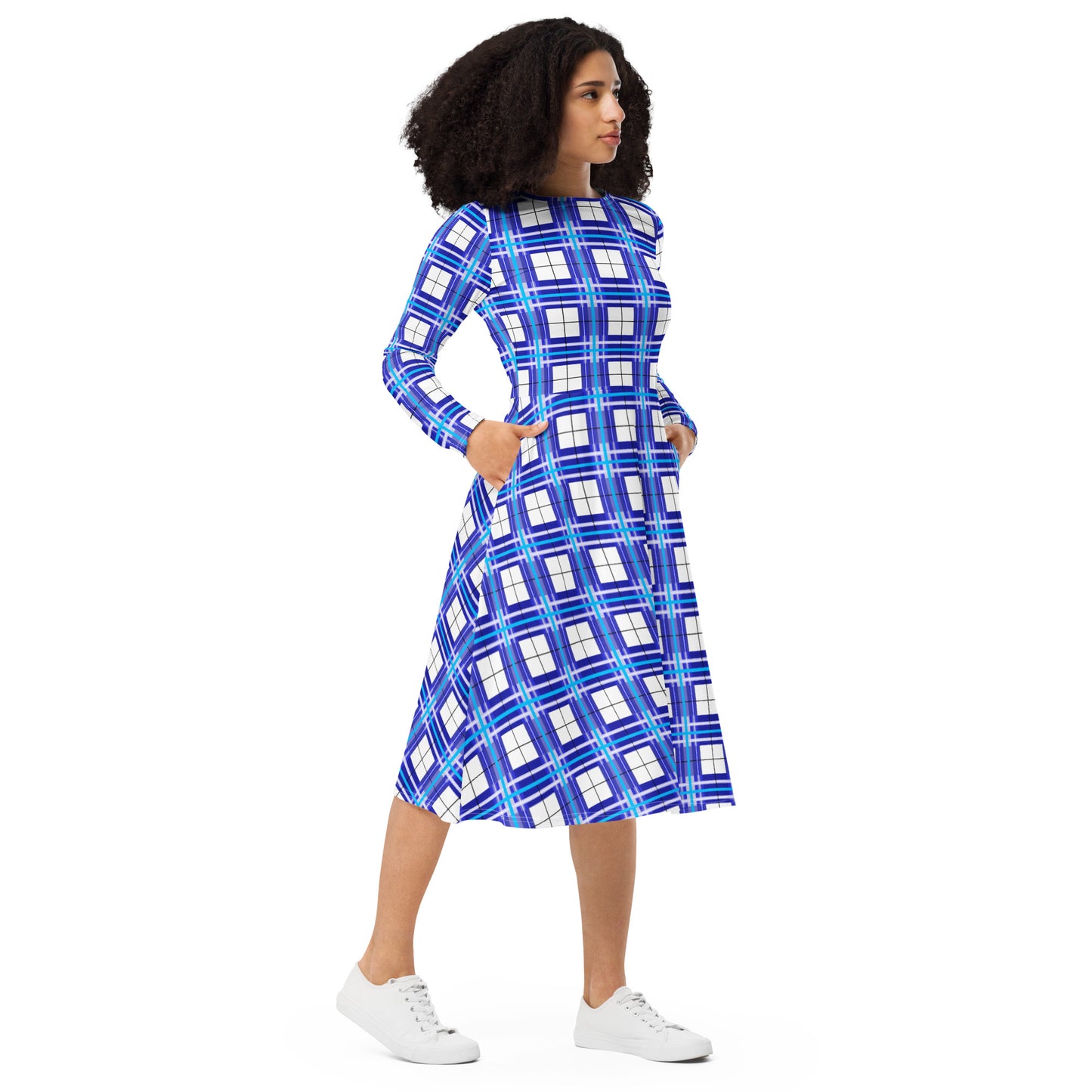 Women’s Long Sleeve Tartan Midi Dress – Cumbrae Sky | Happy Tartan® - Happy Tartan