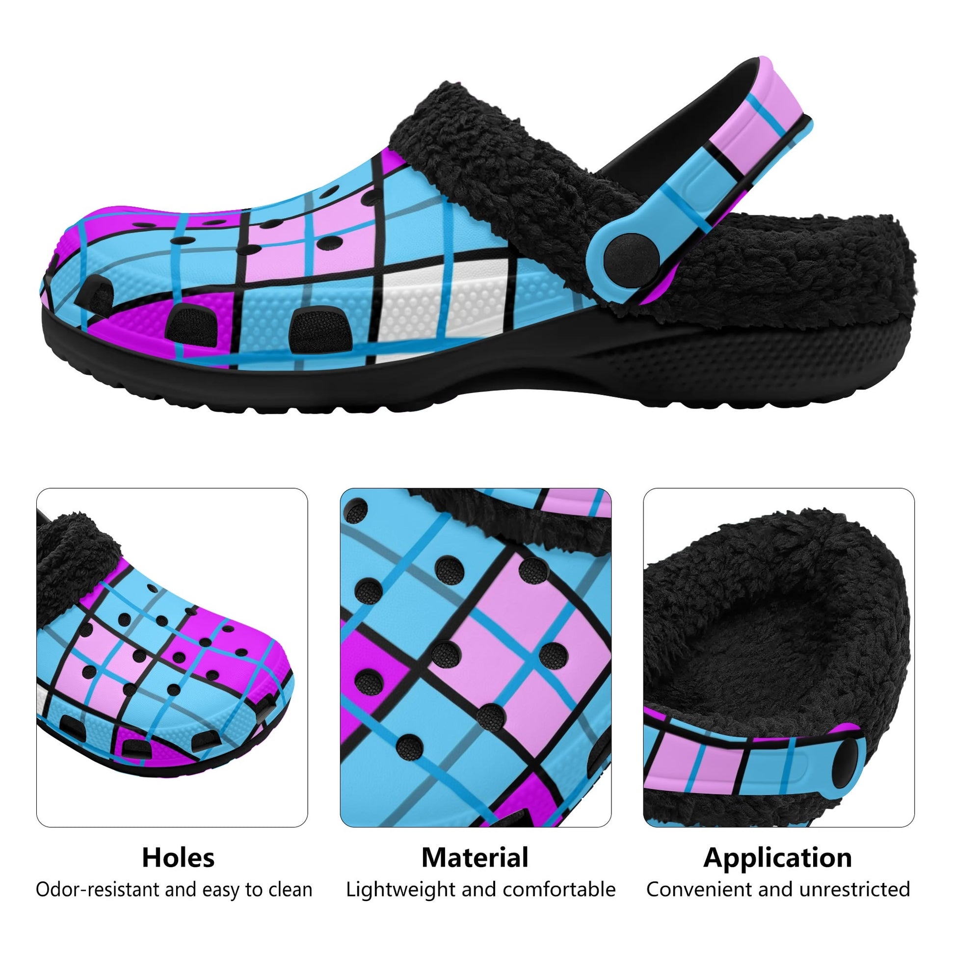 Adult Clogs with Black Fleece Lining – 'Clyde Sky Purple' Rhubarb' Tartan | Happy Tartan® - Happy Tartan