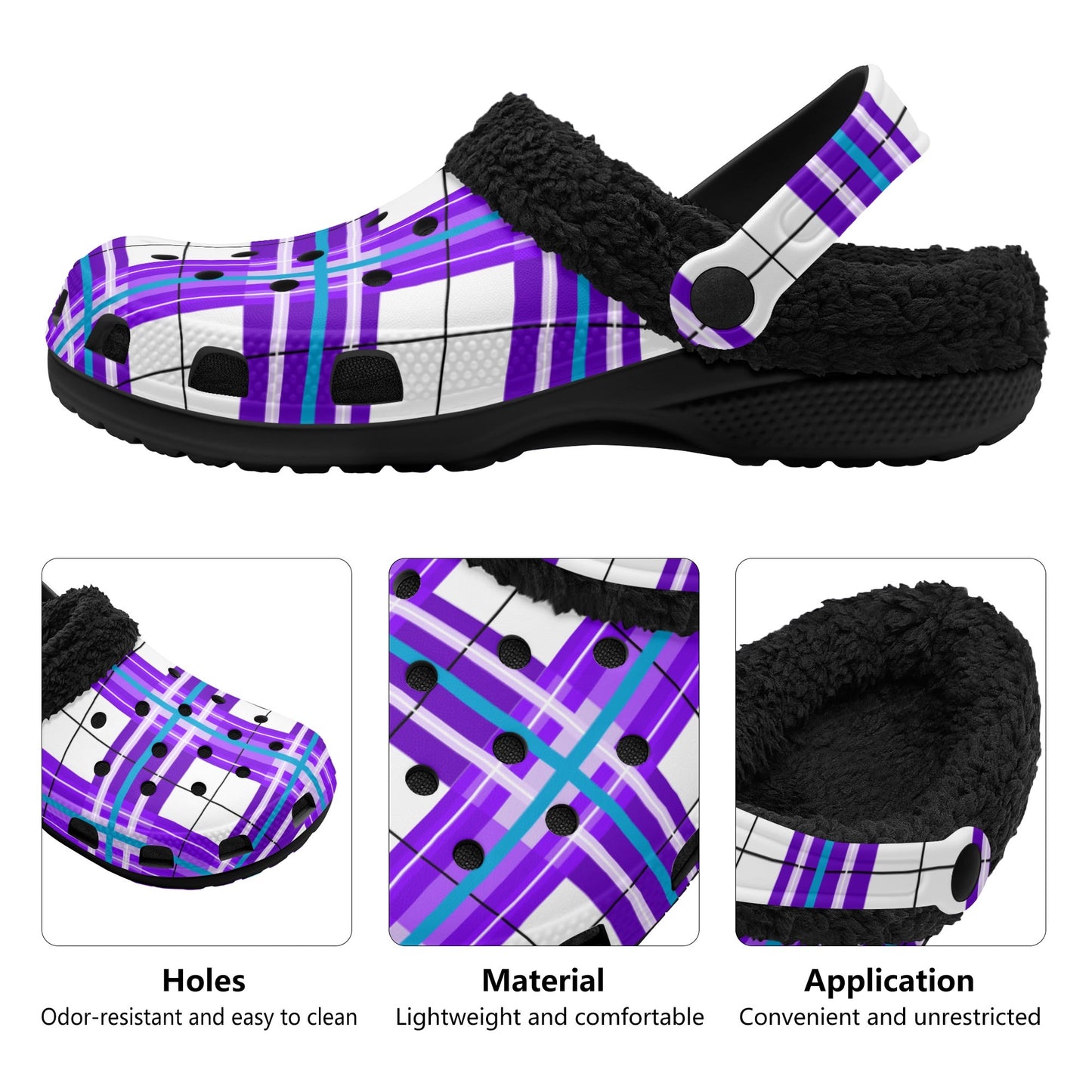 ✨'Gigha Sky' Happy Tartan® Adult Clogs With Black Fleece Fur Lining✨