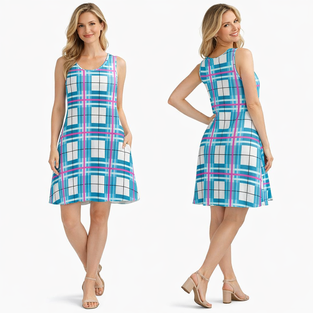Women’s A-Frame Tartan Dress with Pockets – 'Bute Sky' | Happy Tartan®