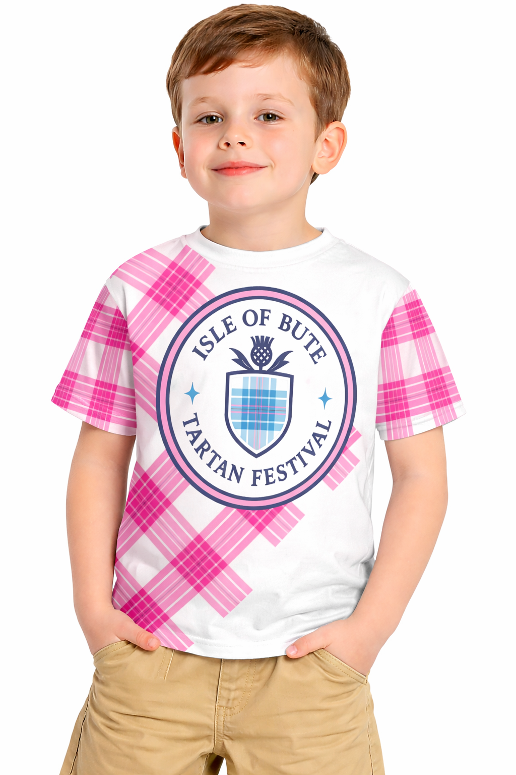 Isle of Bute Tartan Festival Pink Kids T - Free p&p