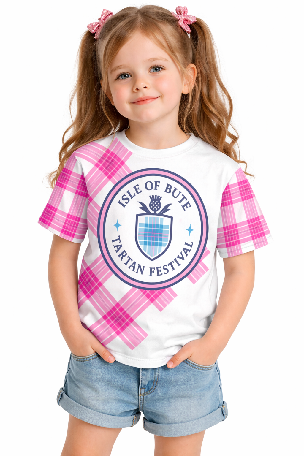 Isle of Bute Tartan Festival Pink Kids T - Free p&p