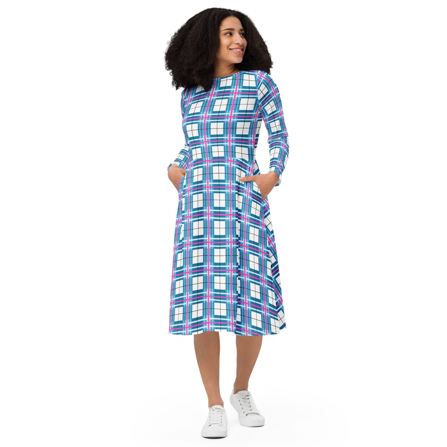 'Bute Sky' Happy Tartan long sleeve midi dress - Free P&P Worldwide