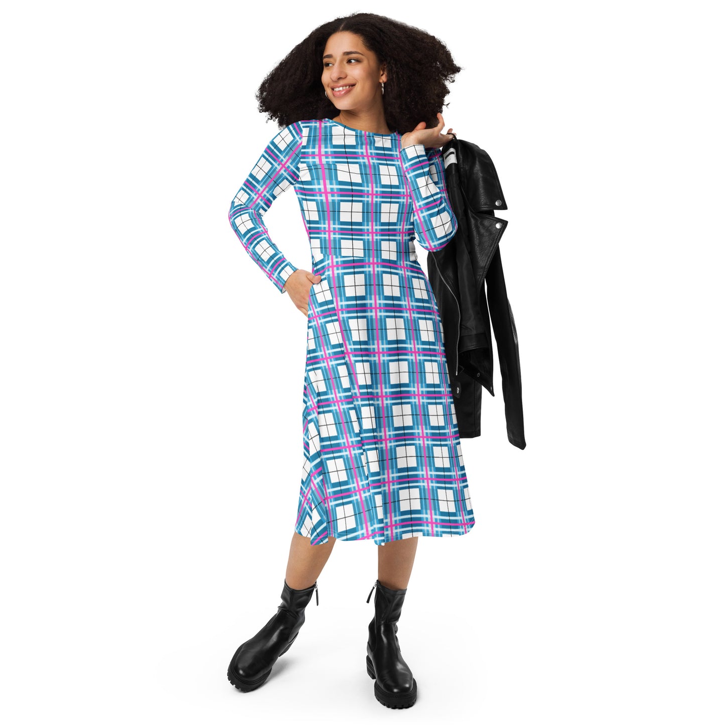 'Bute Sky' Happy Tartan long sleeve midi dress - Free P&P Worldwide