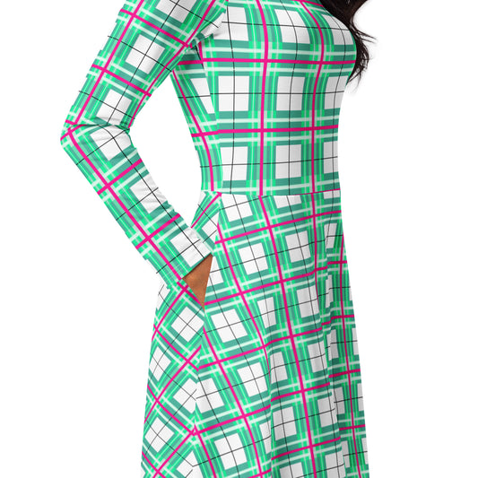Women’s Long Sleeve Tartan Midi Dress – Iona Sky | Happy Tartan® - Happy Tartan